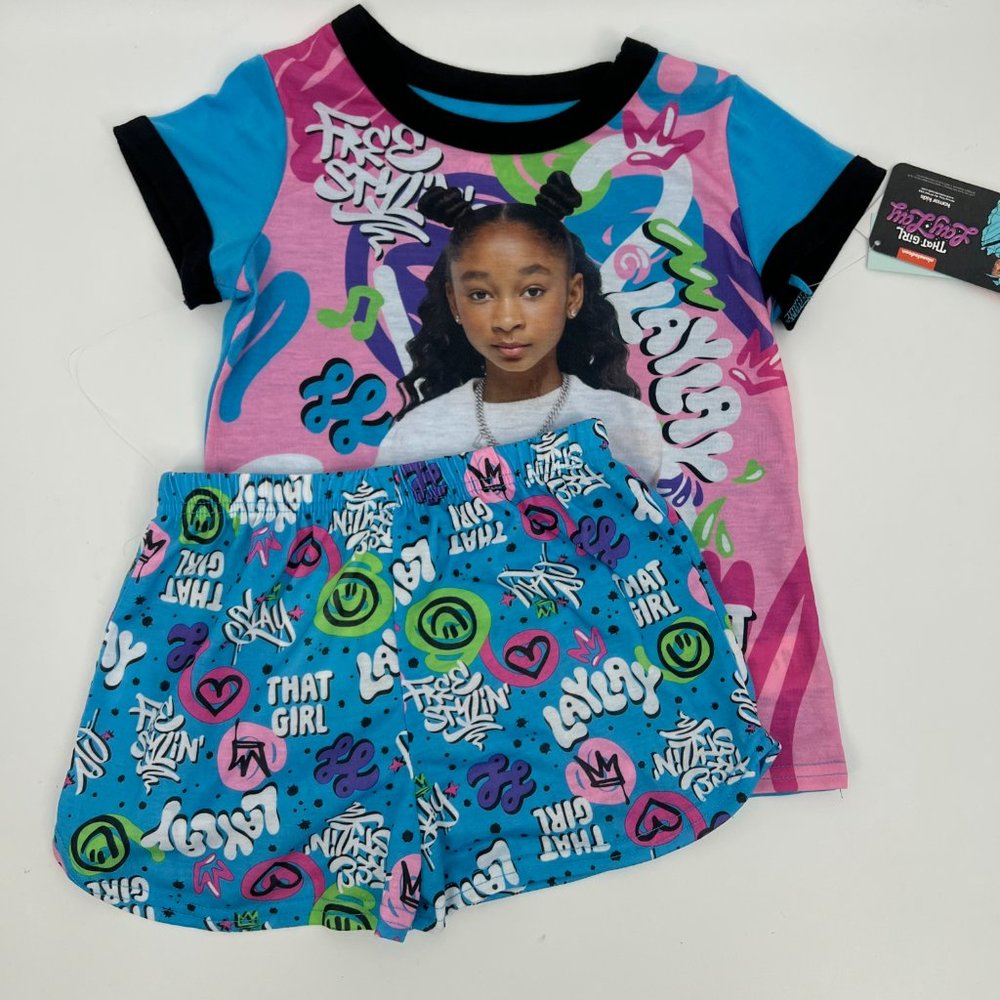 Nickelodeon Girls Two Piece Top & Shorts Sleepwear Pajama Set Blue M (7/8) NWT